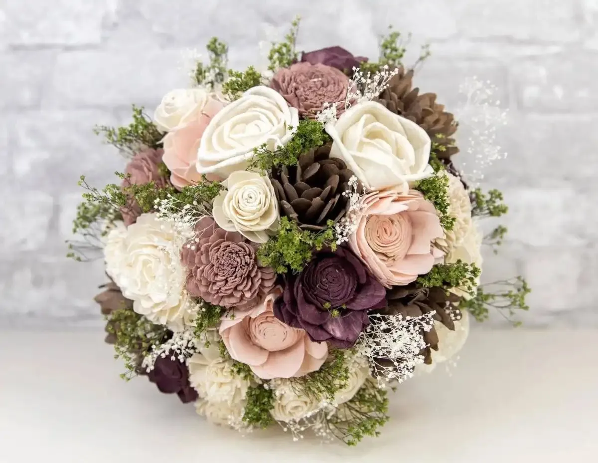 Custom medium bouquet in blush, mauve and cream with pine cone blooms