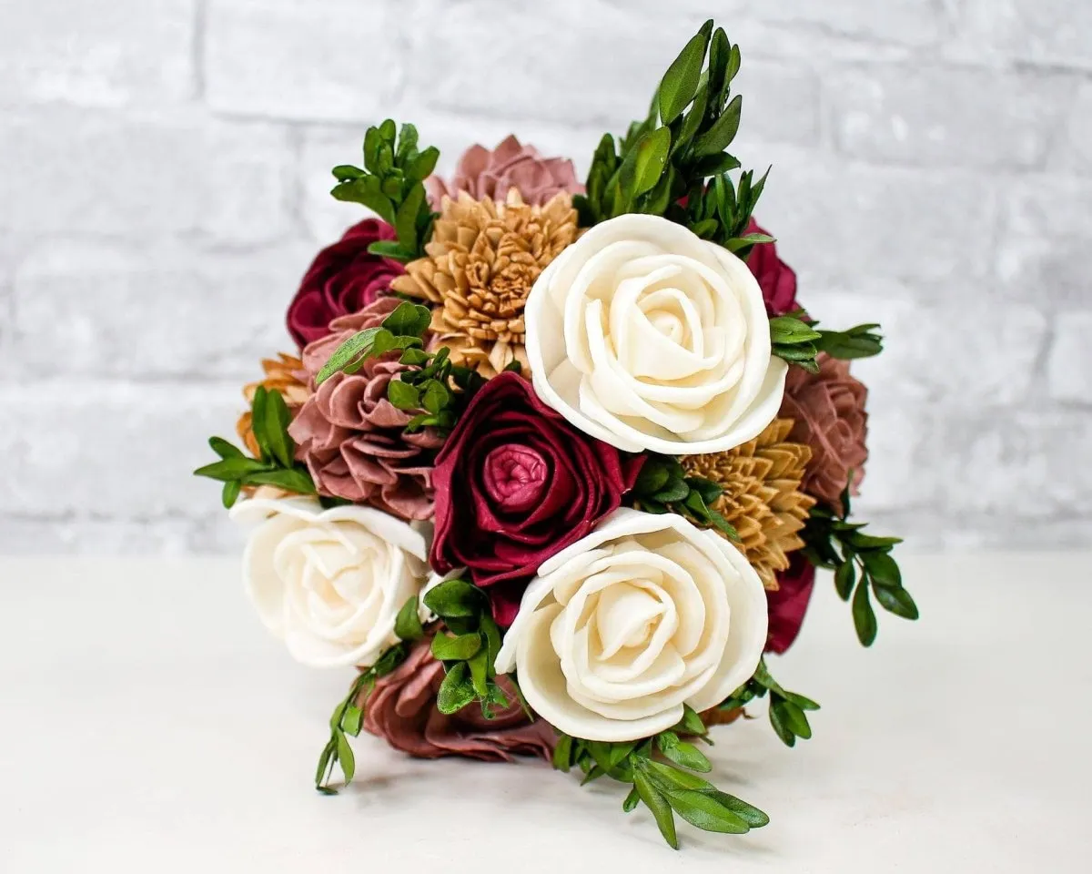 Custom small bouquet of burgundy, cream and tan wood flowers