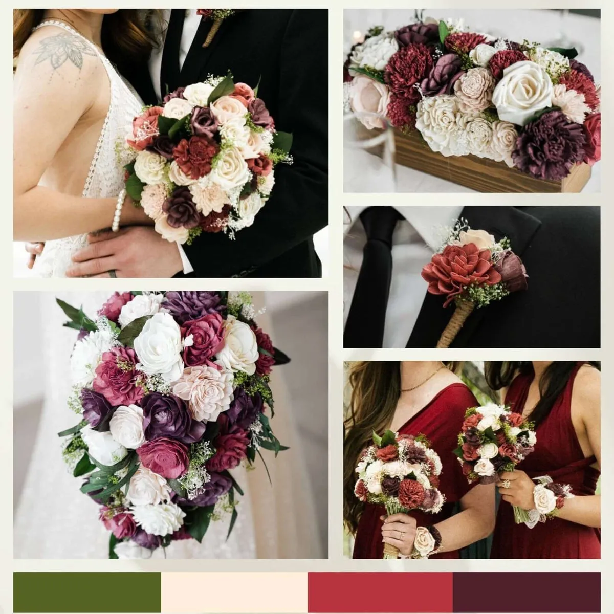 Collage of the Love Story wedding bundle: bride and groom, bouquets, boutonniere and the four theme colors