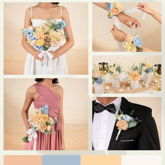 Meadow Dream theme collage in blue, peach and cream