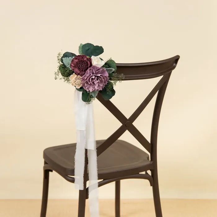 Wooden cross-back chair with a Luxe Lavender floral and white chiffon