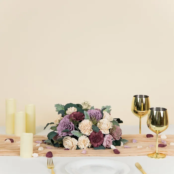 Wild style Luxe Lavender centerpiece laid along a table runner