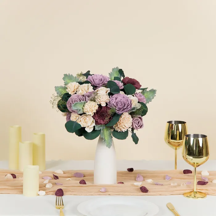 Luxe Lavender vase centerpiece on a table with candles